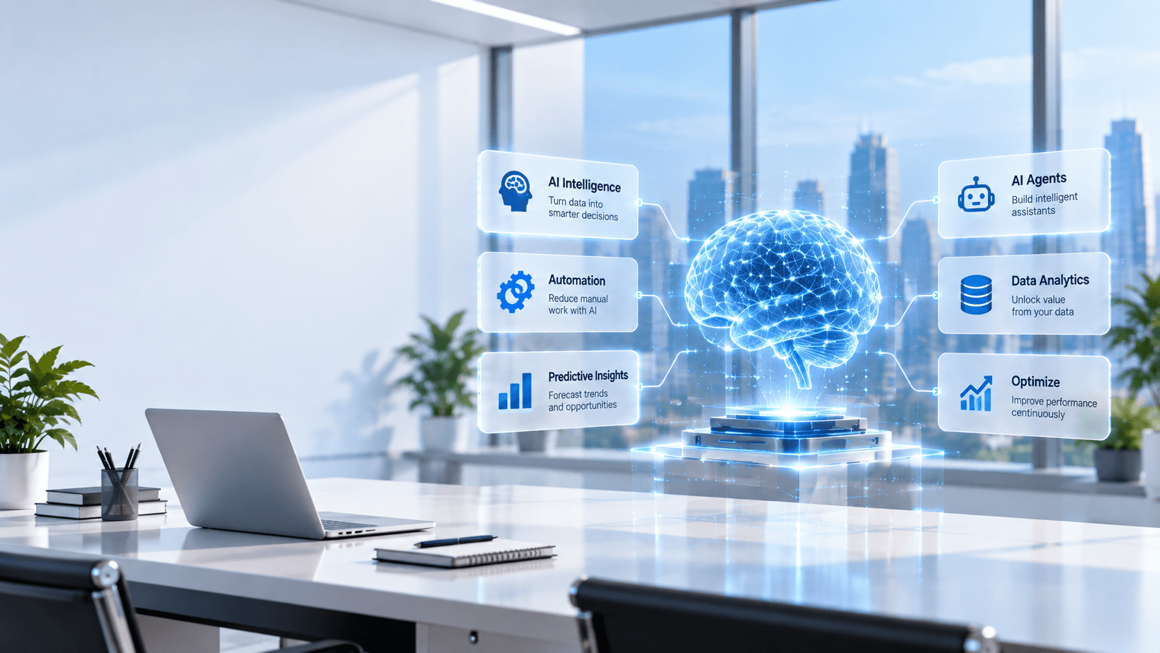 An AI system visualization in a modern office — Anviom AI solutions