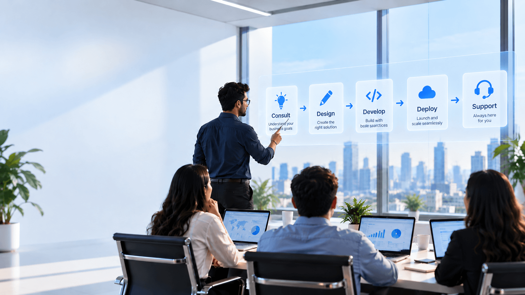 A team reviewing a software delivery lifecycle — Anviom custom software services